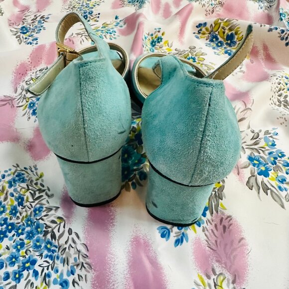 Vintage Y2K Light Blue Suede Chunky Heels Women's Size 8 Peep Toe Party Prom - Picture 5 of 5